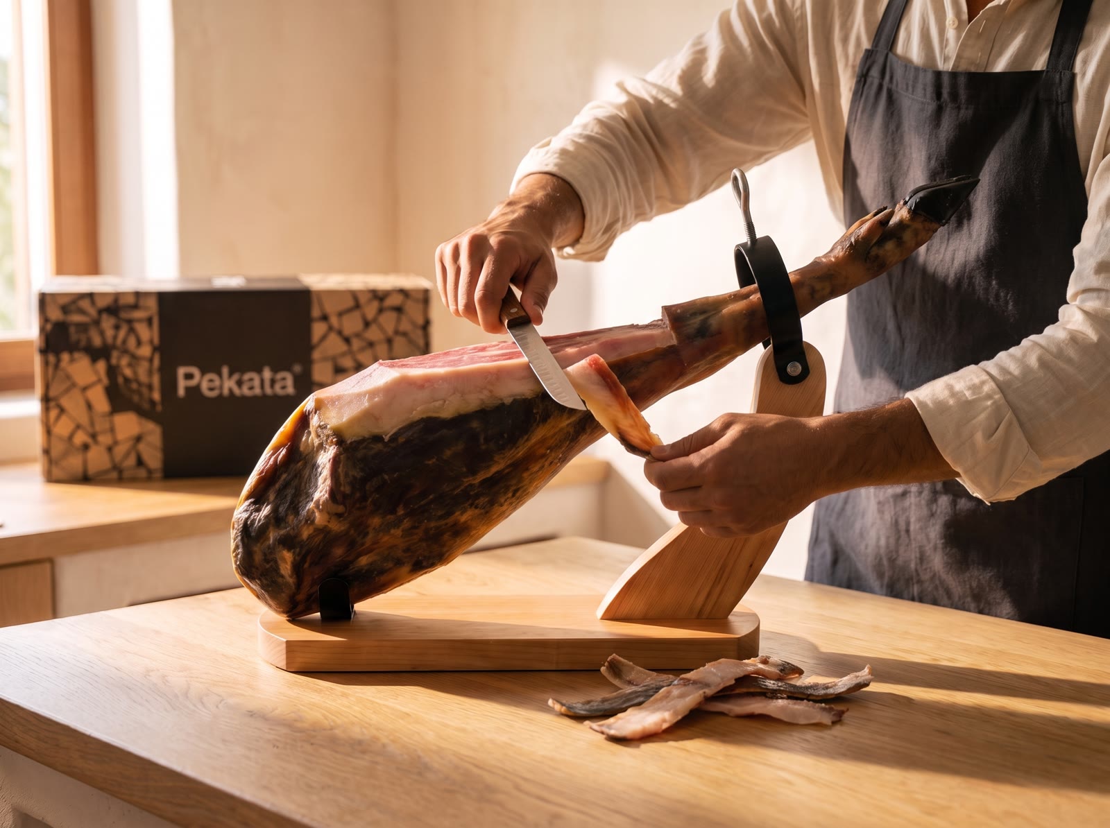 Removing the rind and outer fat with the paring knife