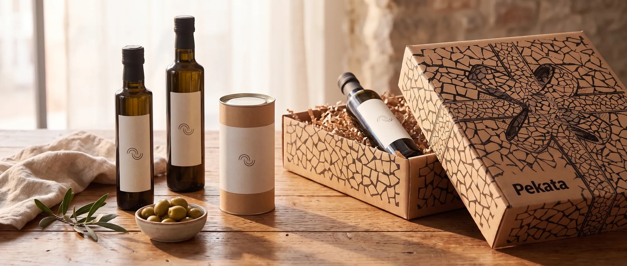 Flaschen mit nativem Olivenöl extra und personalisiertem Etikett mit dem Logo eines Unternehmens