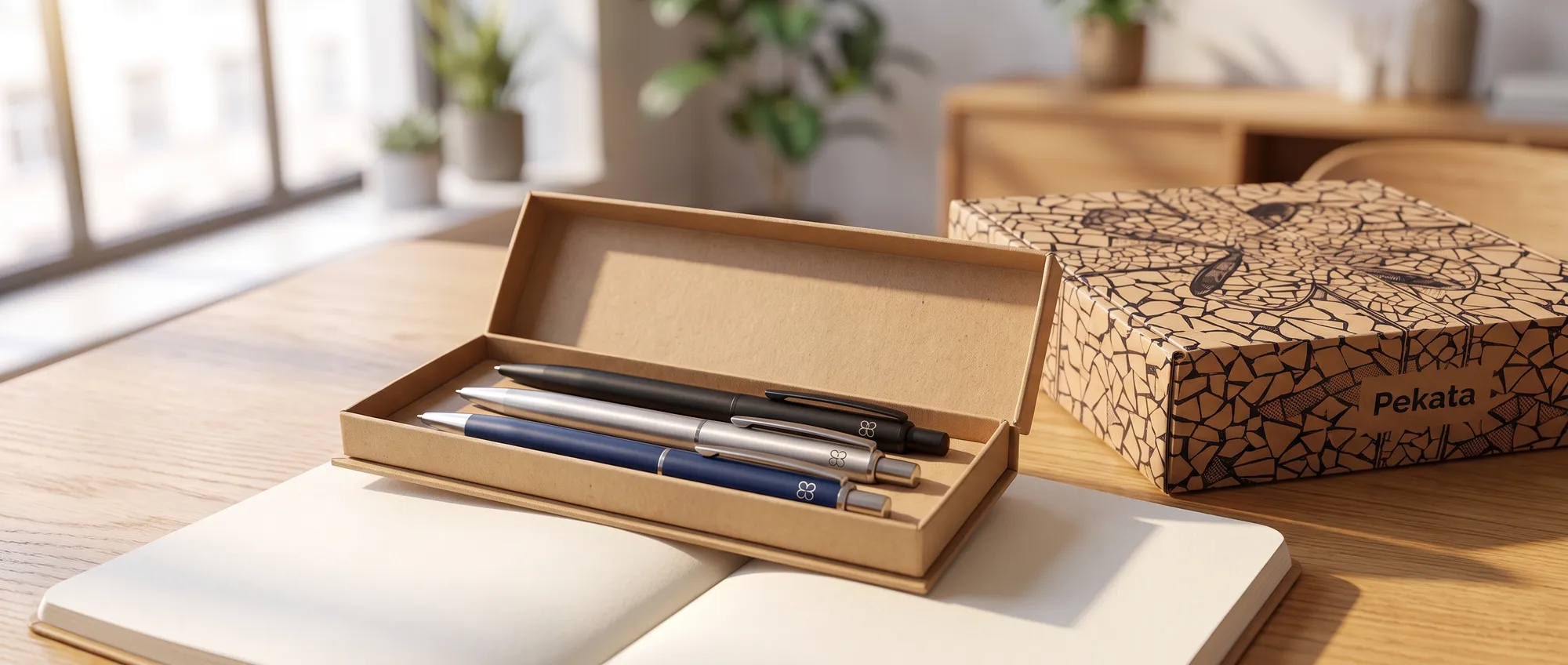 Metallkugelschreiber mit graviertem Logo in einer Kraftpapierbox auf einem Notizbuch, mit einer Pekata-Box im Hintergrund