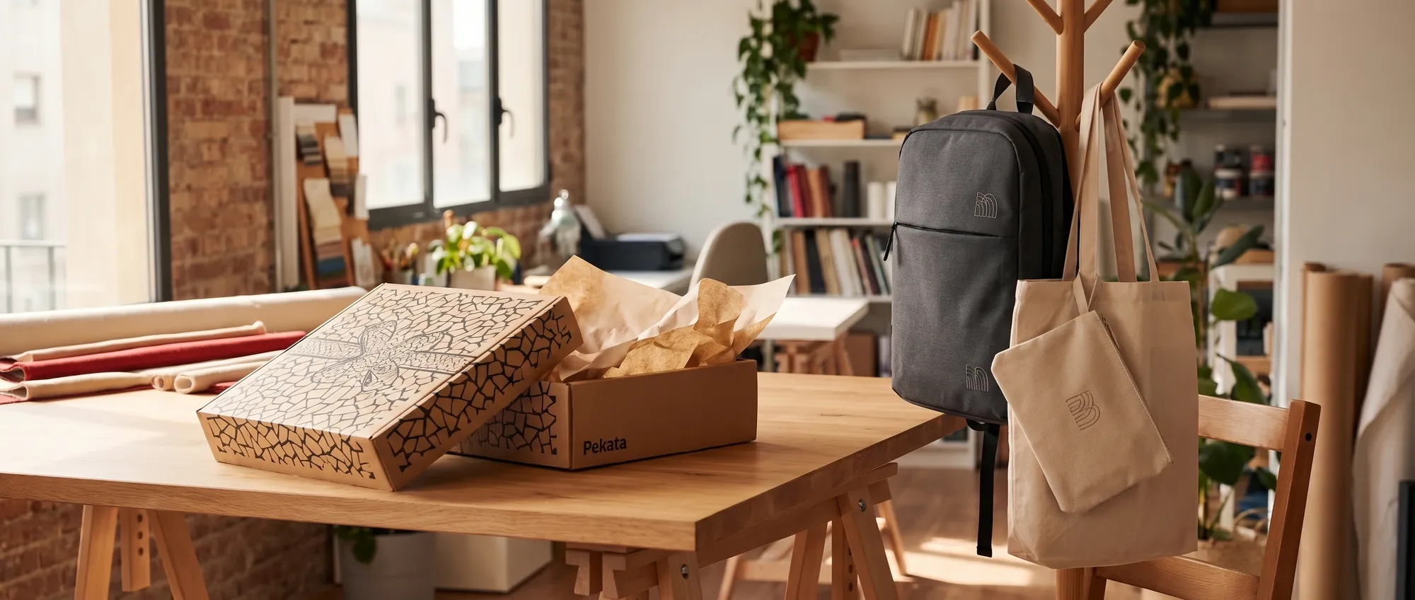 Laptop-Rucksack, Tote Bag und Necessaire mit gesticktem Logo in einem Büro aufgehängt, mit einer Pekata-Box auf dem Tisch