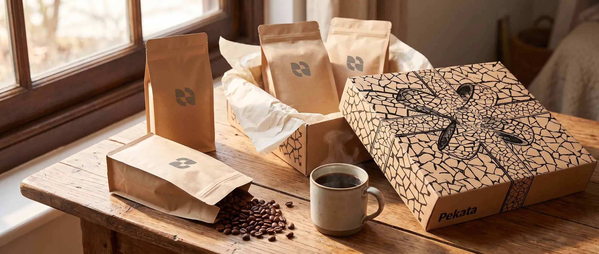 250-g-Doypack-Kaffeebeutel mit personalisiertem Etikett neben Kapseln und Drip Bags mit dem Logo eines Unternehmens