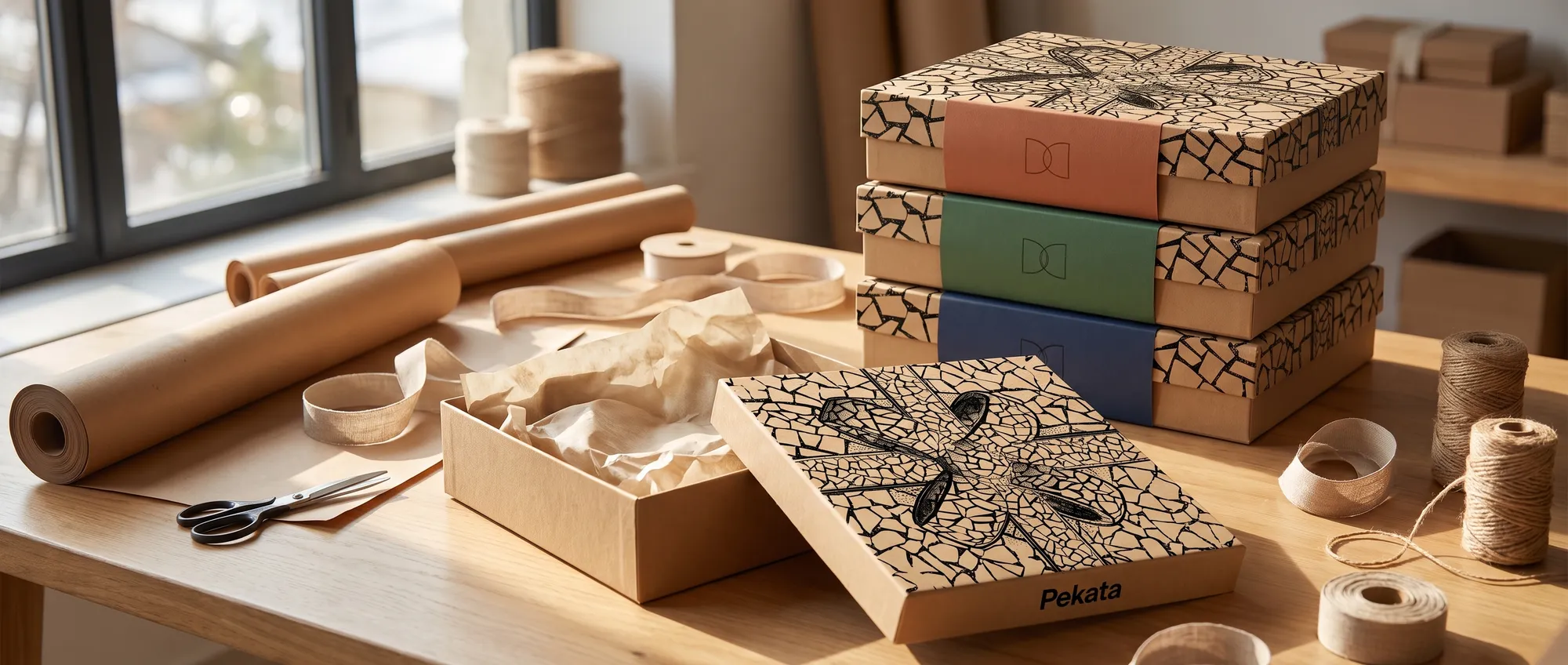 Pekata-Boxen mit Banderolen in verschiedenen Farben mit dem Kundenlogo, gestapelt auf einem Verpackungstisch, eine davon geöffnet mit Seidenpapier