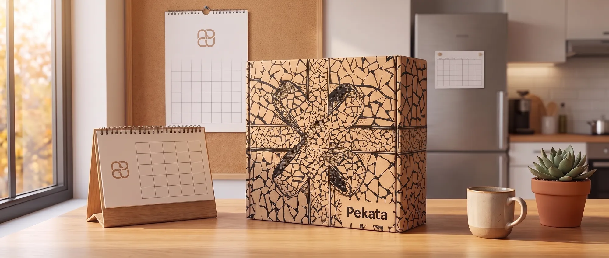 Desk calendar and wall calendar with company logo on a desk, next to a Pekata box and a magnet calendar on the office fridge