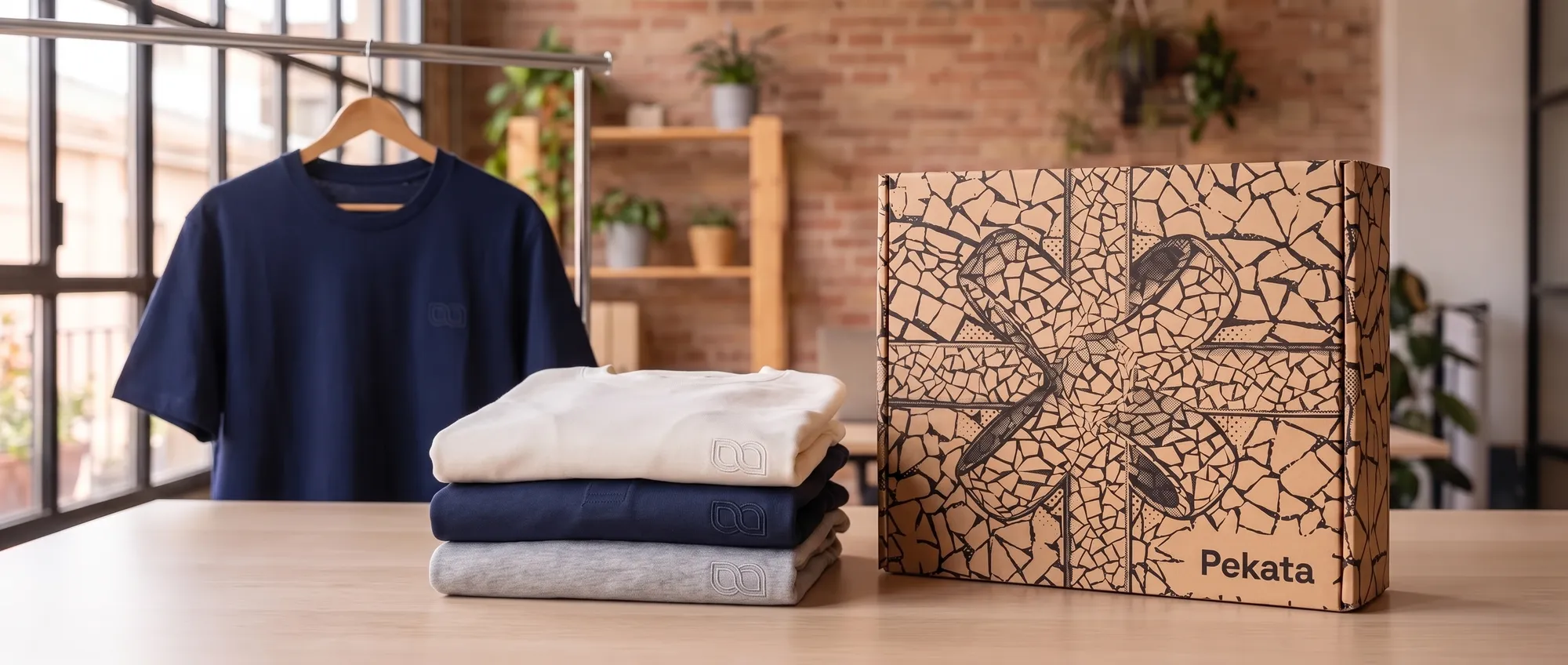 Premium-Firmen-T-Shirts gefaltet und eines auf einem Bügel mit kleinem Logo auf der Brust, neben einer Pekata-Box