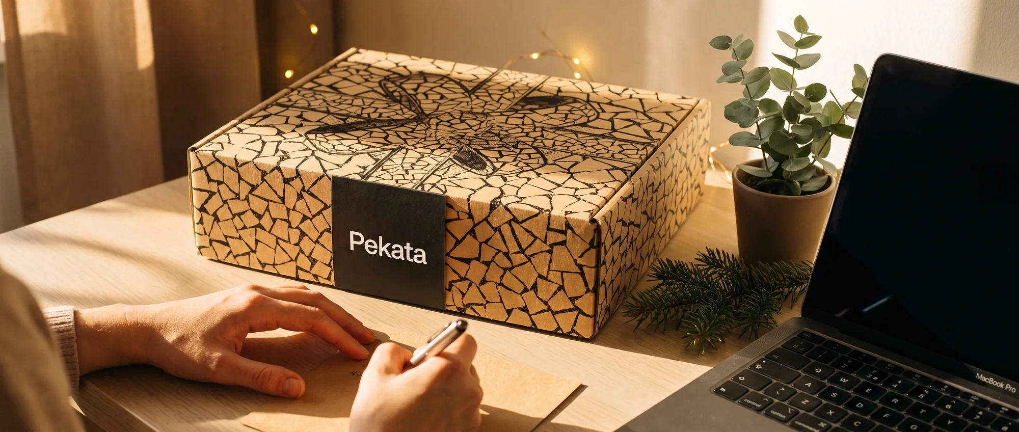 Hands writing on a kraft card next to a closed Pekata Christmas box on an office desk