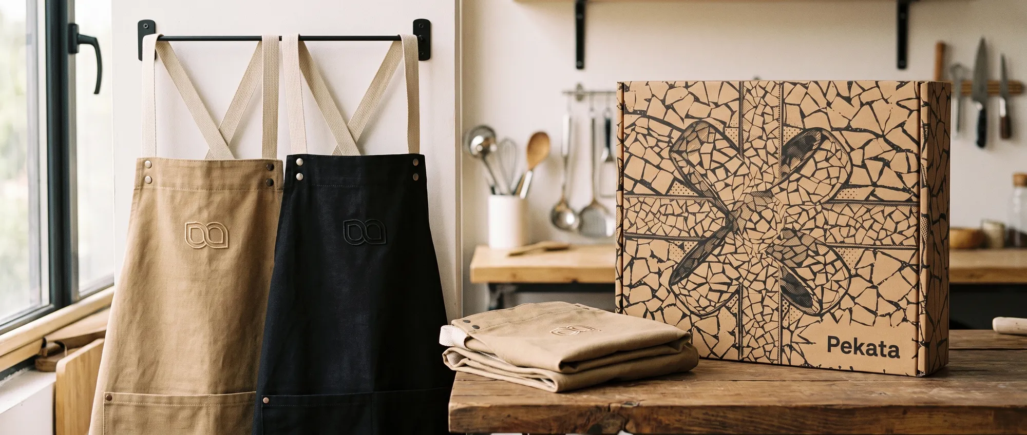Latzschürze aus Baumwollcanvas mit dem Logo einer Firma auf der Brust bestickt