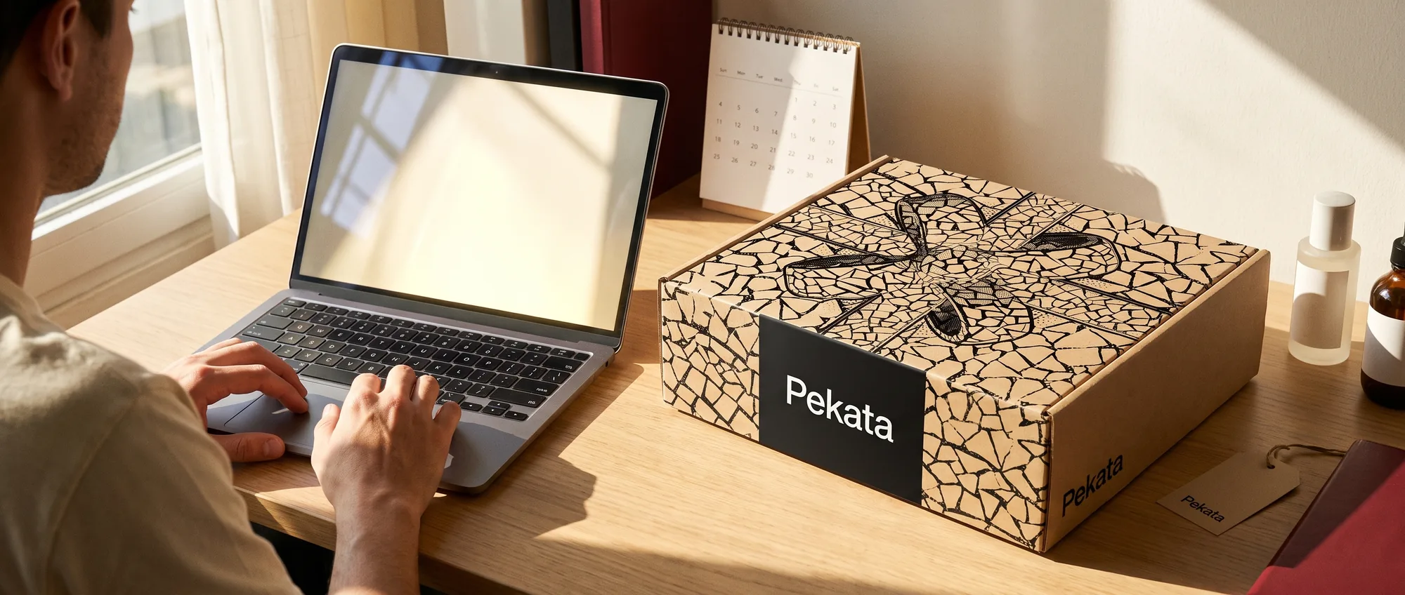 Person, die ihr Geschenk im Auswahlportal von Pekata auf einem Laptop auswählt, neben einer geschlossenen Pekata-Box