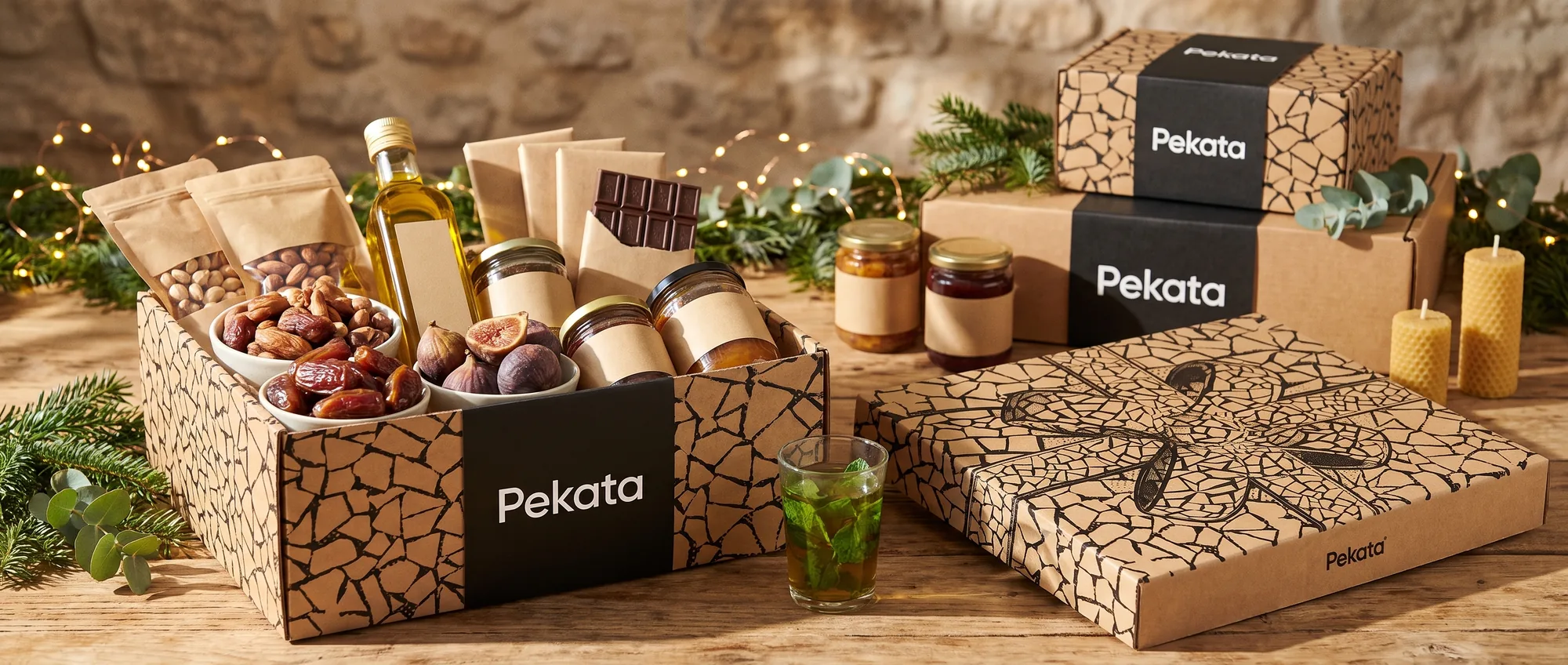 Pekata-Weihnachtspräsentbox aus Kraftkarton mit Trencadís-Muster, geöffnet mit geeigneten Gourmetprodukten unter warmem Licht