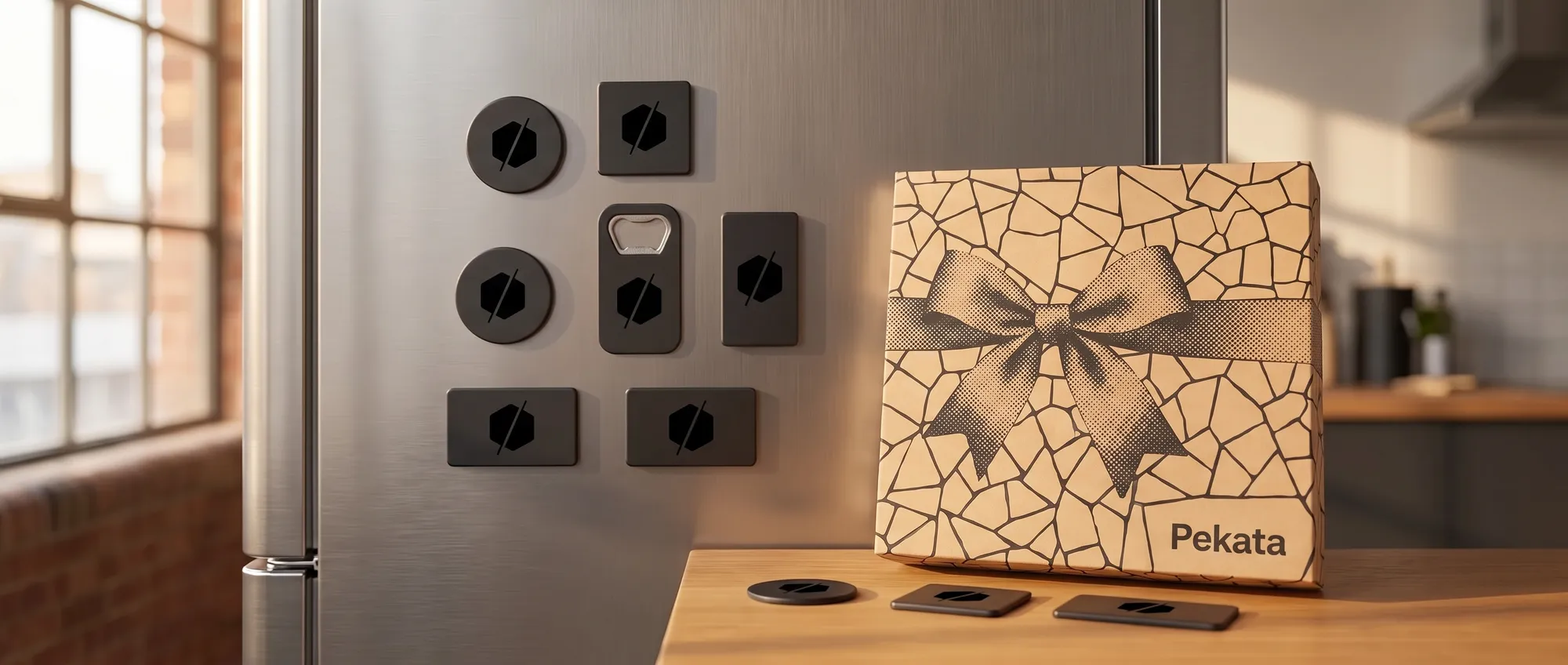 Personalisierte Magnete für Unternehmen aus flexiblem Vinyl und Holz mit dem aufgedruckten Markenlogo