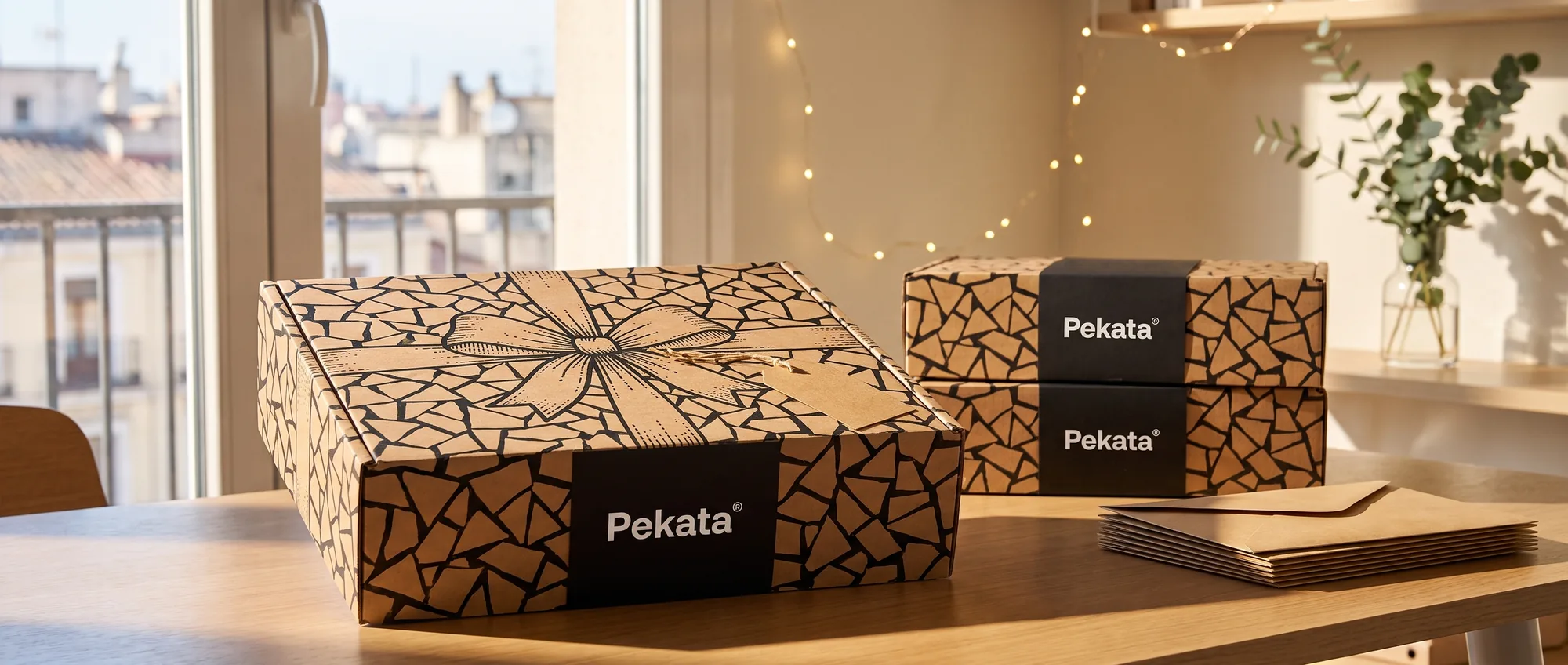 Pekata Weihnachtsbox aus Kraftpapier mit Trencadís-Motiv neben einem Stapel Kraftpapierumschläge und einem leeren Versandetikett