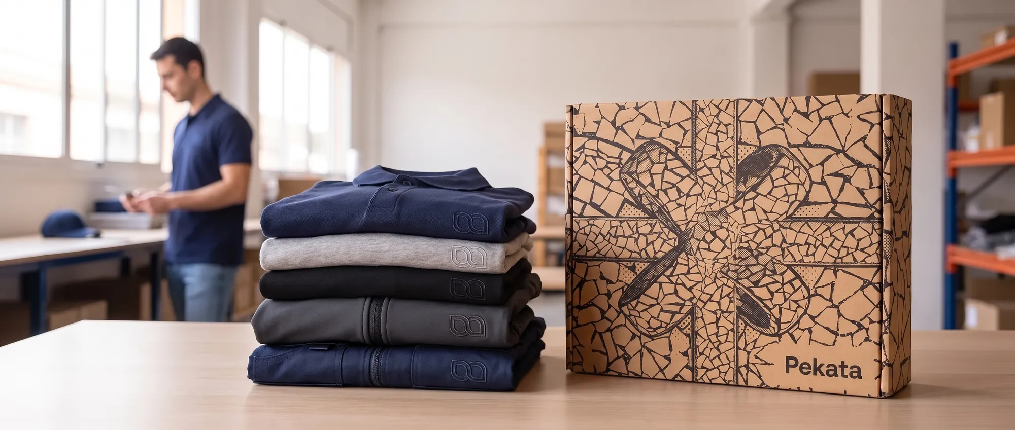 Poloshirts, technische T-Shirts, Softshell-Jacke und Arbeitsweste mit gesticktem Logo auf einer Lagerbank, neben einer Pekata-Box
