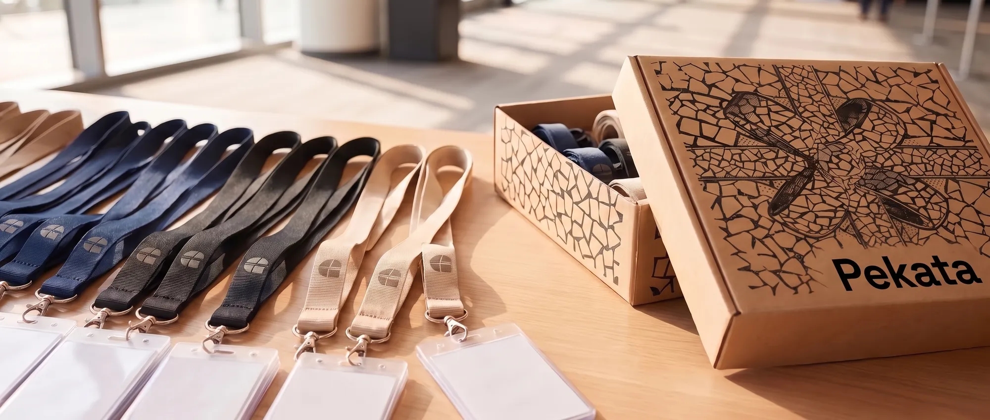Stofflanyards mit gewebtem Logo und weiße Kartenhalter auf dem Akkreditierungstisch eines Kongresses, neben einer Pekata-Box