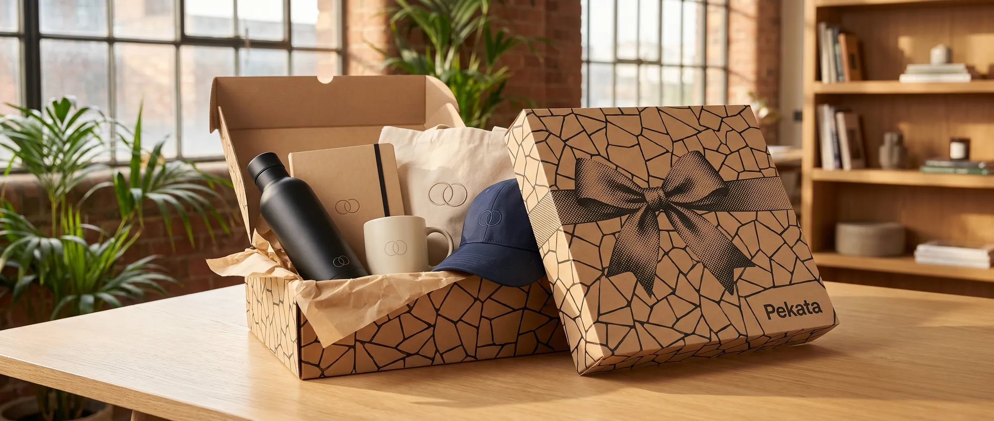 Flasche, Notizbuch, Tasse, Tragetasche und Kappe mit demselben Firmenlogo neben einer geöffneten Pekata-Box auf einem Bürotisch