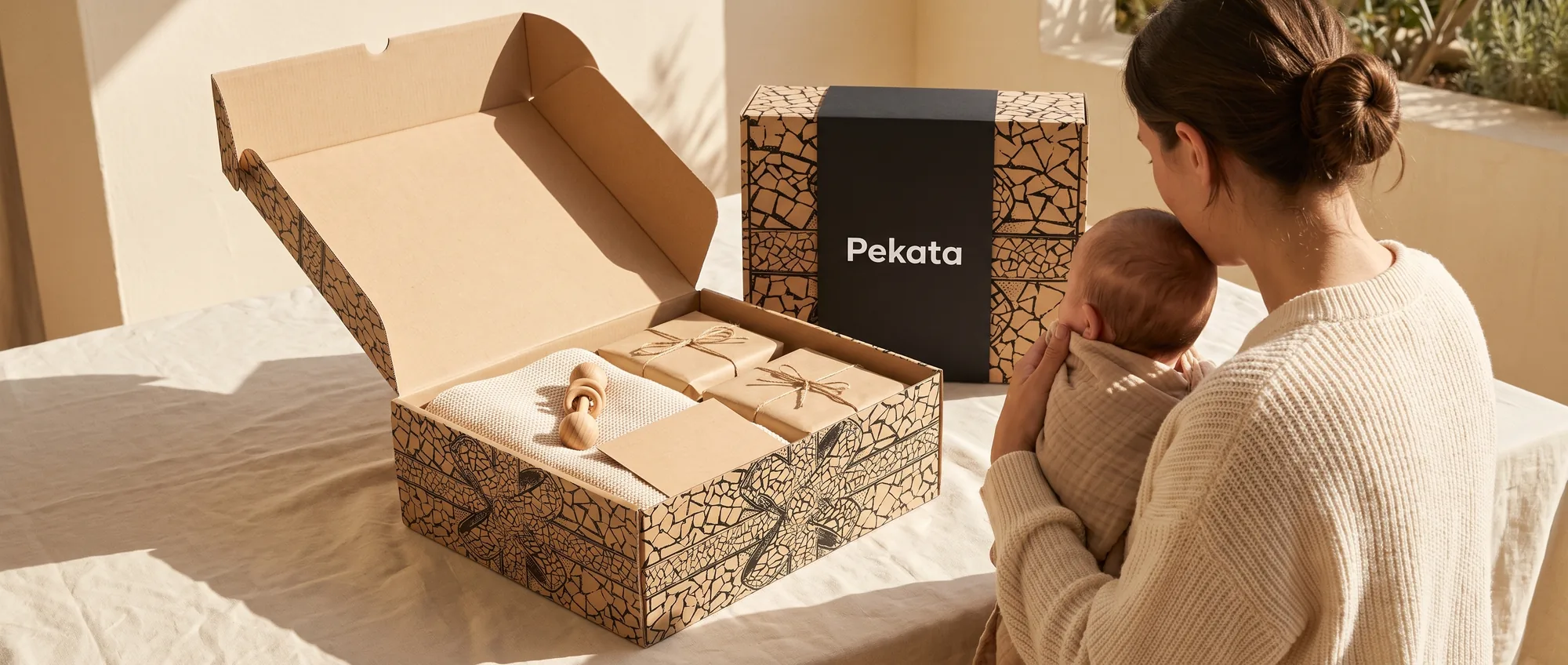 Offene Pekata-Box mit einer Strickdecke, einem Holzspielzeug und einer Kraftkarte auf einer Leinenoberfläche