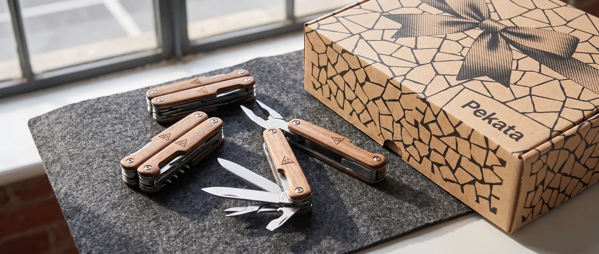 Multitool aus Edelstahl mit dem Firmenlogo, das per Lasergravur auf dem Griff angebracht ist