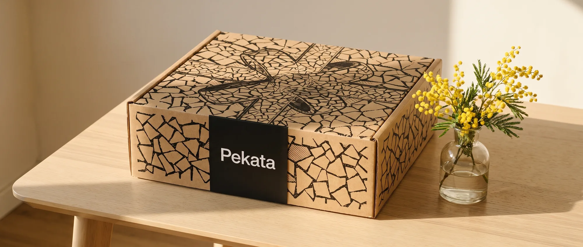 Pekata gift box with trencadís pattern next to a small bouquet of mimosa in spring light
