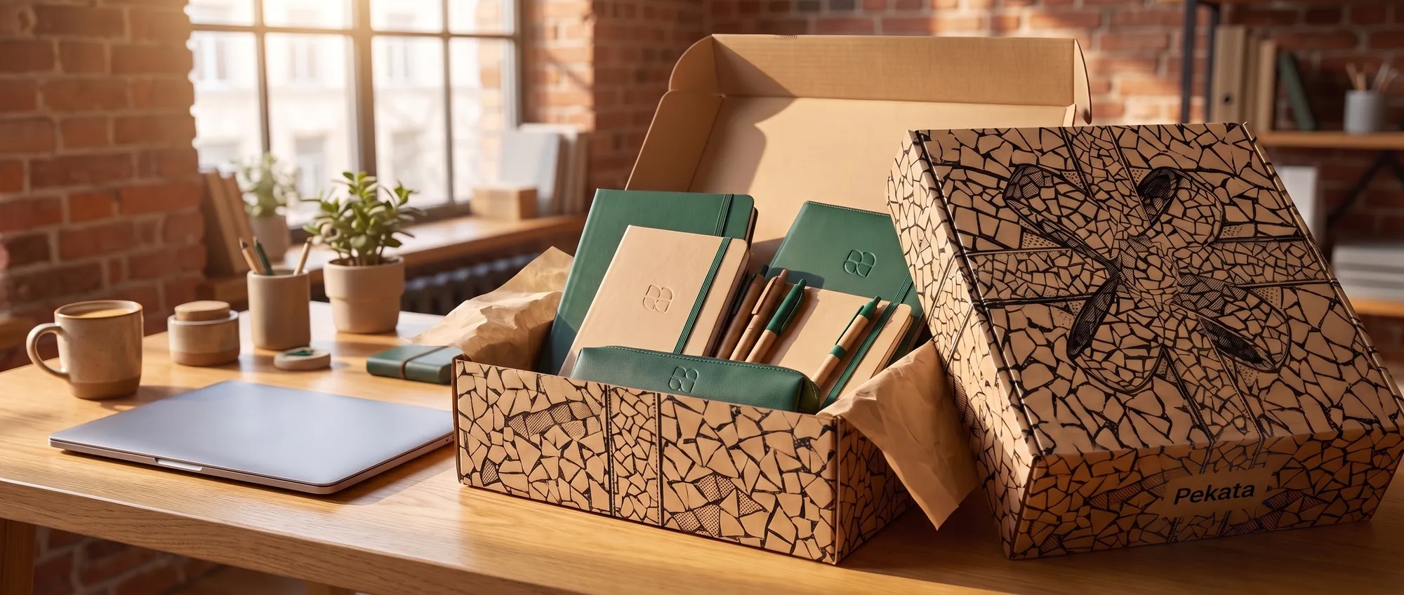 Personalisierte Notizbücher, Stifte und Planer mit eingraviertem Logo auf einem Schreibtisch, neben einer geöffneten Pekata-Box