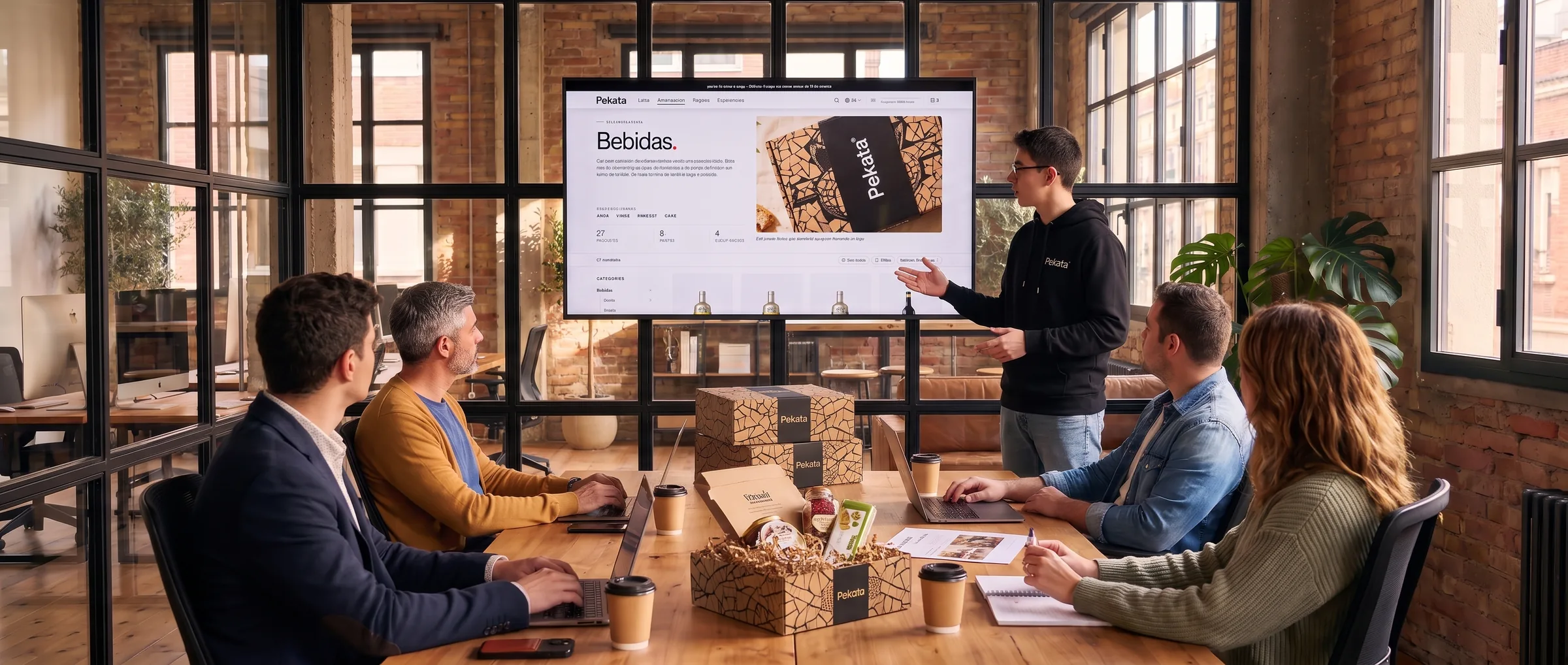 Präsentation des Pekata-Geschenkportals vor einem Team im Besprechungsraum