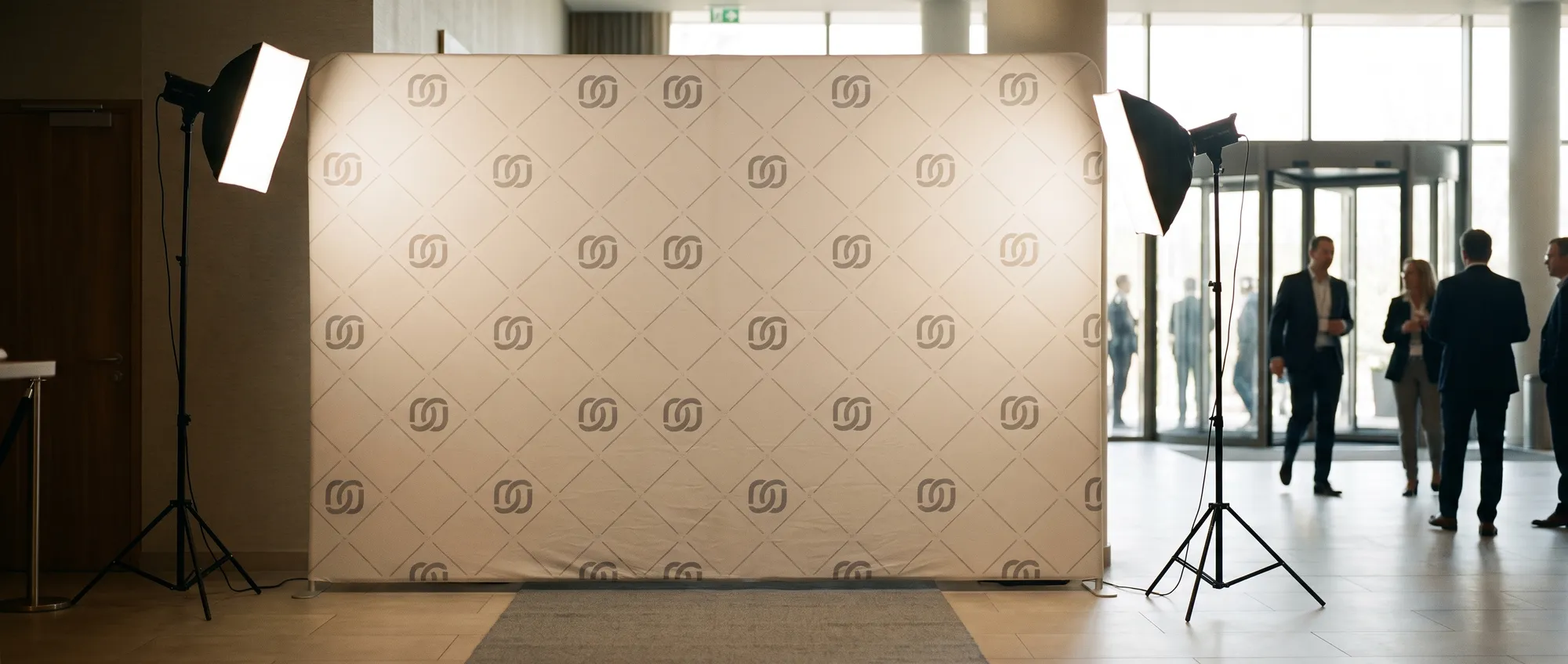 3-metre tension fabric photocall with a company's logo repeated in a mosaic, set up at the entrance of a corporate event