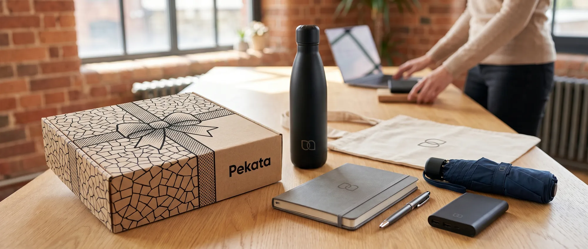 Auswahl an Werbeartikeln mit demselben Logo auf einem Marketingtisch neben einer Pekata-Box