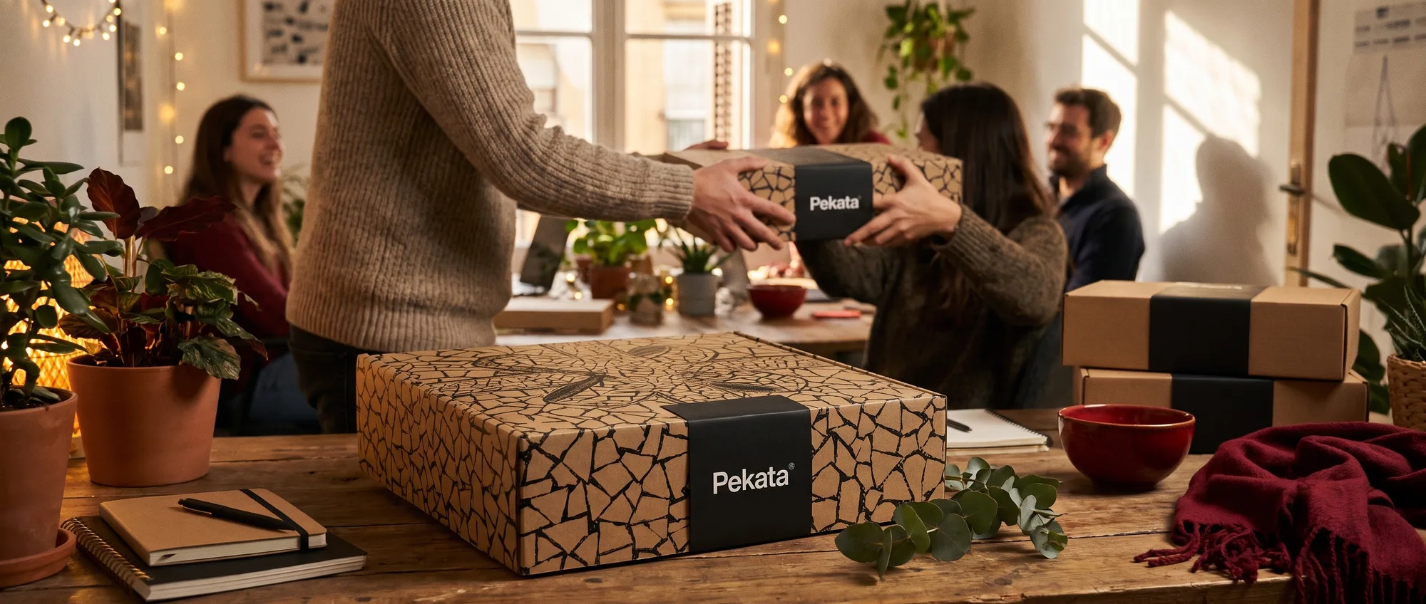 Kollegen eines kleinen Unternehmens tauschen Pekata-Weihnachtsboxen in einem gemütlichen Büro aus