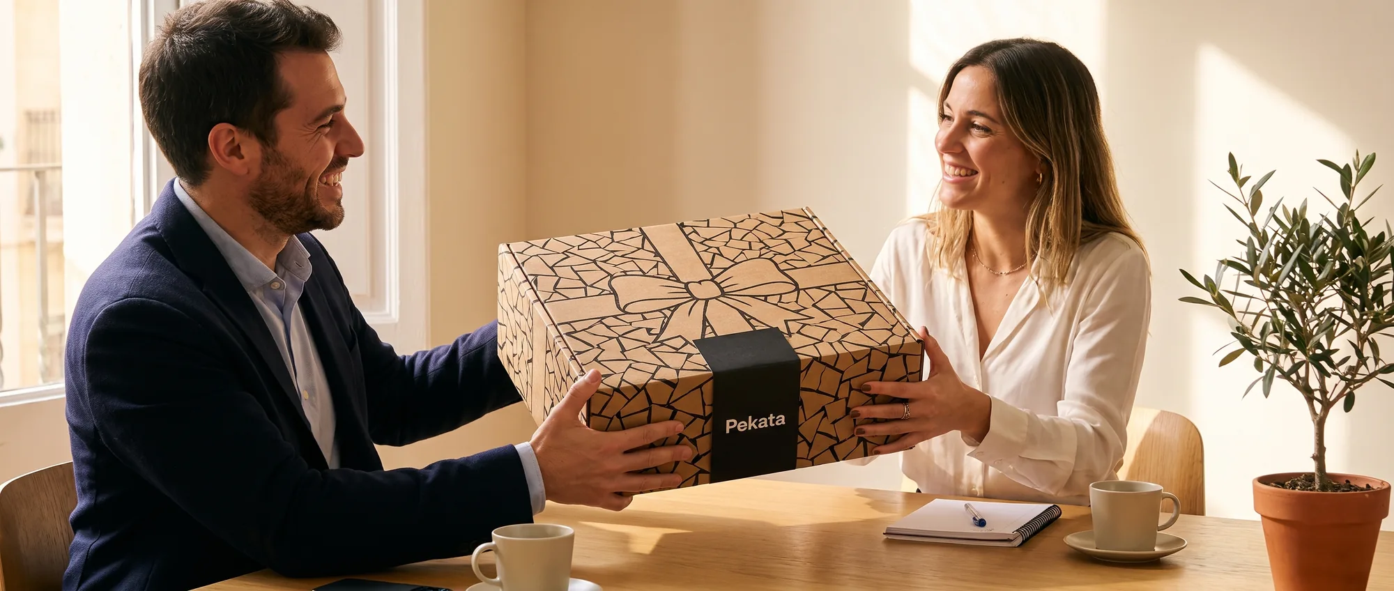 Person, die einem lächelnden Kunden in einem hellen Besprechungsraum eine geschlossene Pekata-Box überreicht