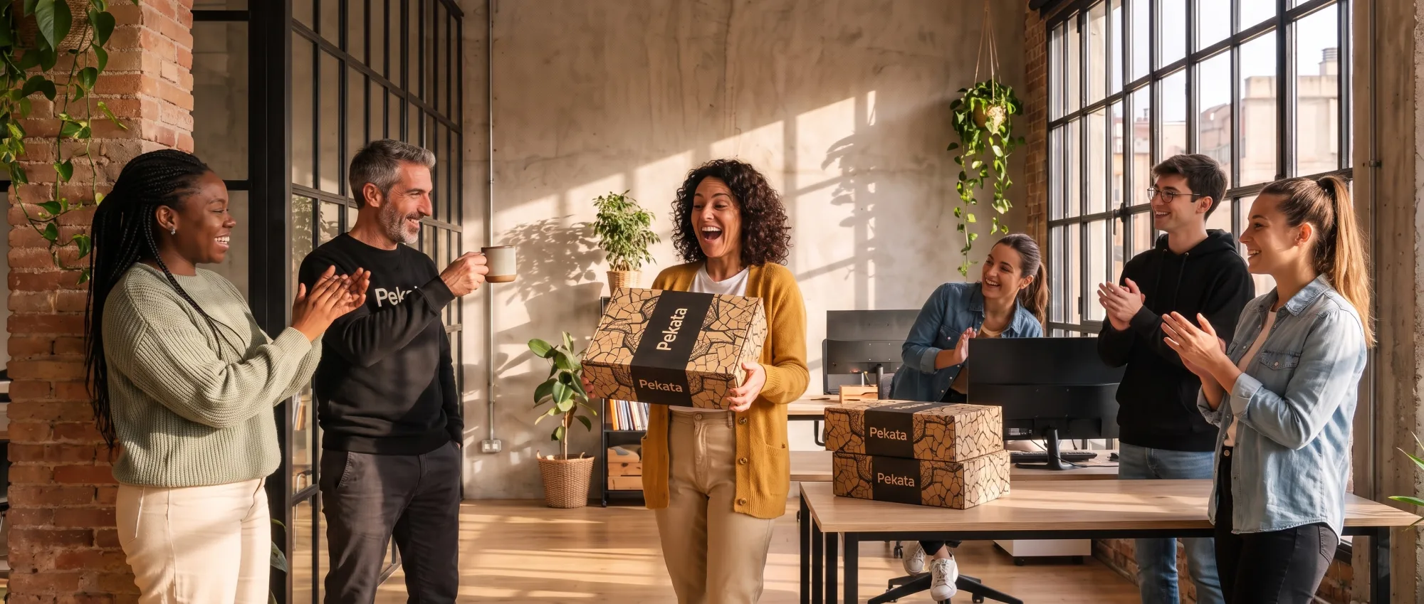 Team feiert die Übergabe einer Pekata-Geschenkbox im Büro