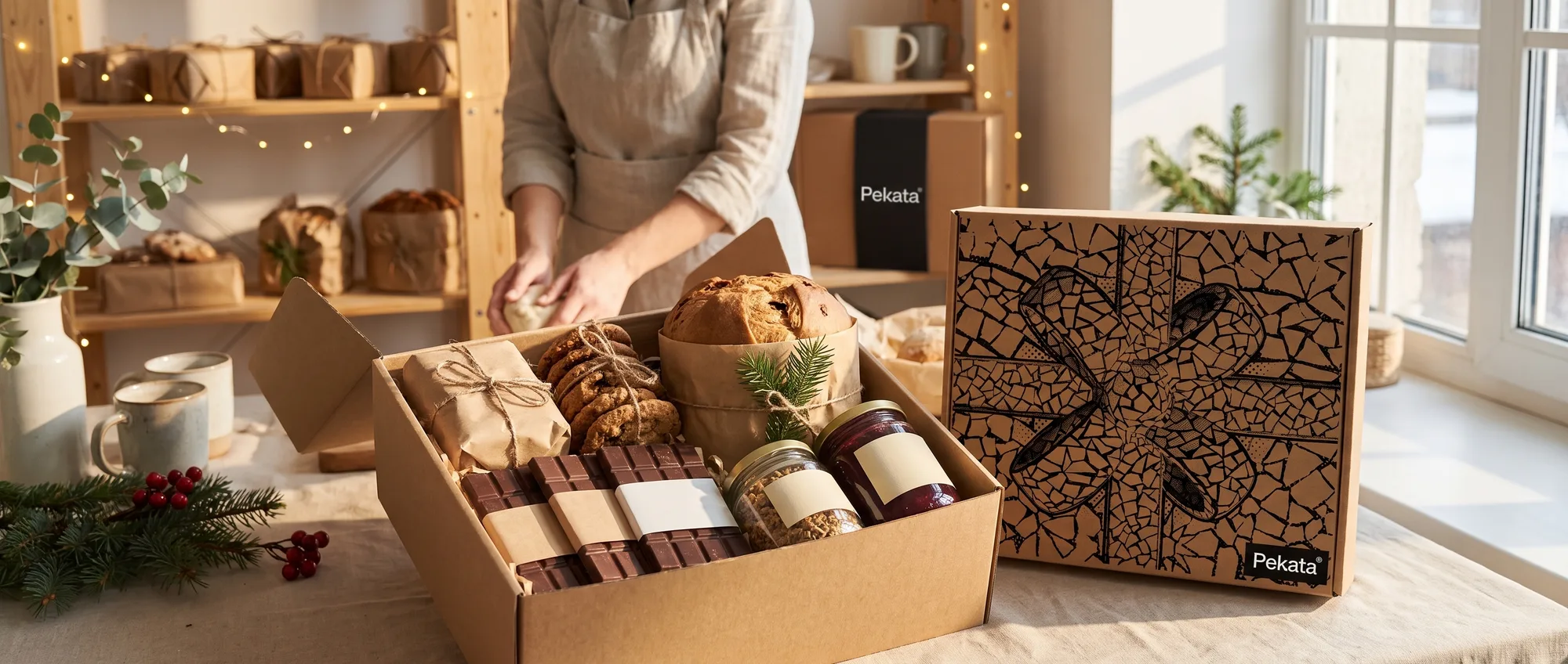 Geöffnete Pekata-Weihnachtspräsentbox mit handgefertigten Süßigkeiten in Kraftpapier auf einem hellen Tresen