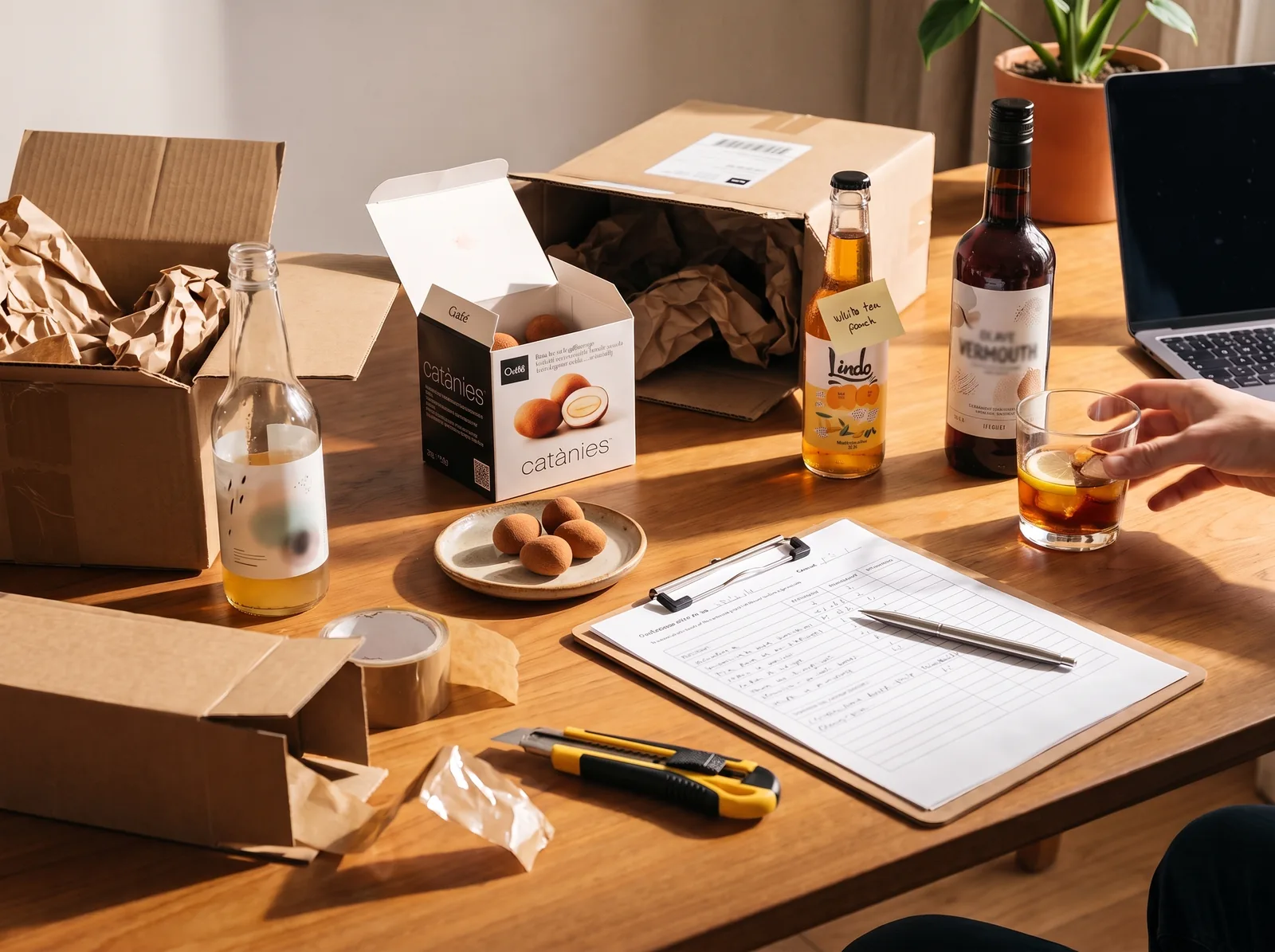 Tisch für Musterannahme mit handwerklichen Produkten und einem Bewertungsbogen