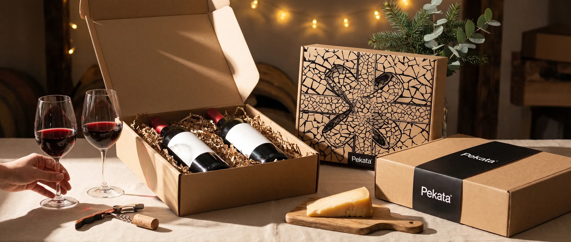 Open Pekata Christmas gift box with two wine bottles, glasses, and a cheese board on a wooden table