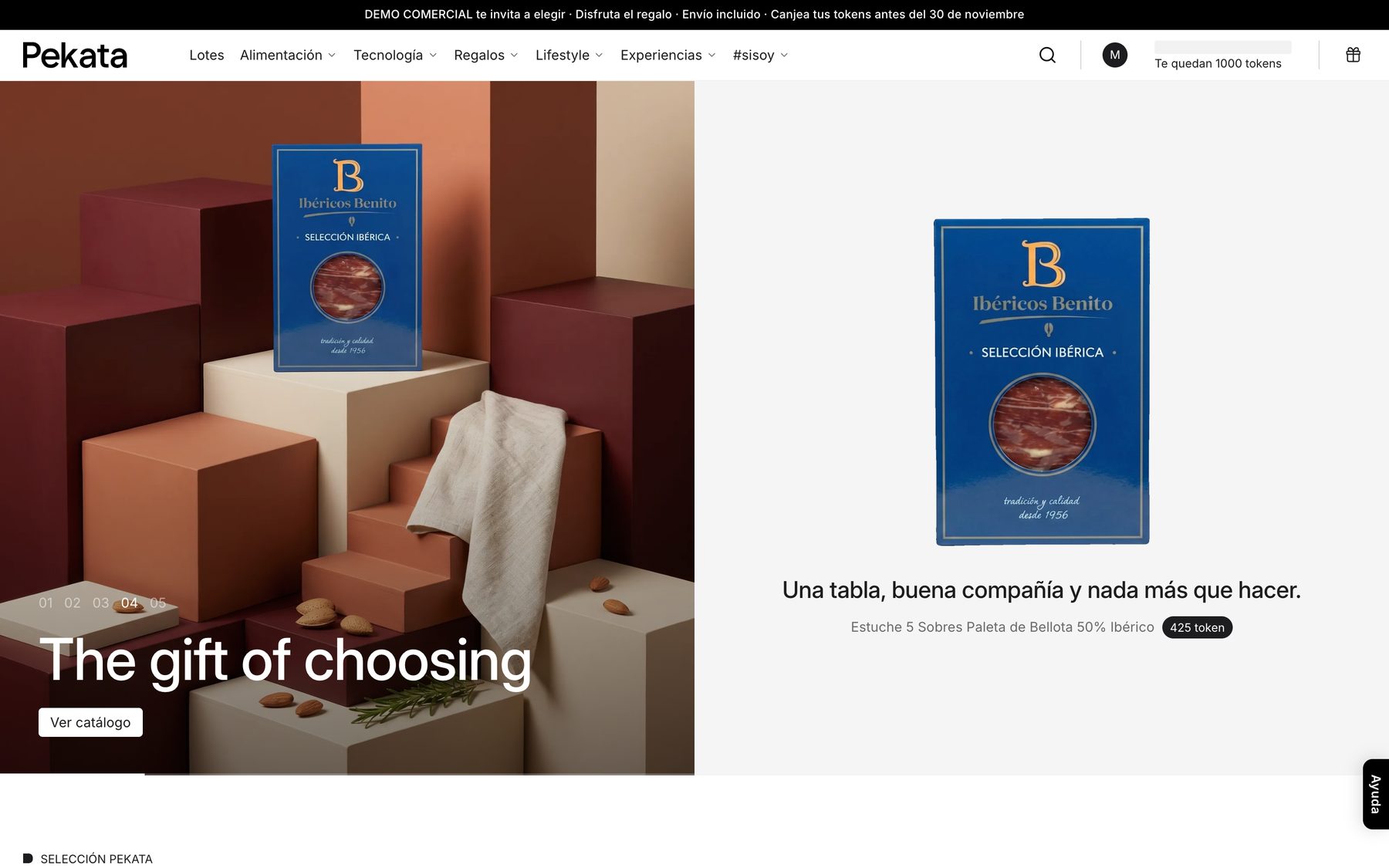 The selection portal: campaign homepage with the featured product and available tokens